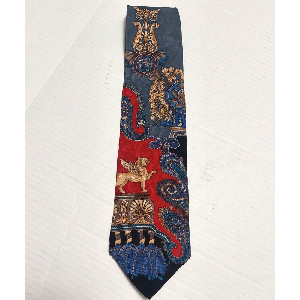 Montagu Mens Vintage 100% Silk Tie 58 in Long Gray with Golden Lion & Paisley